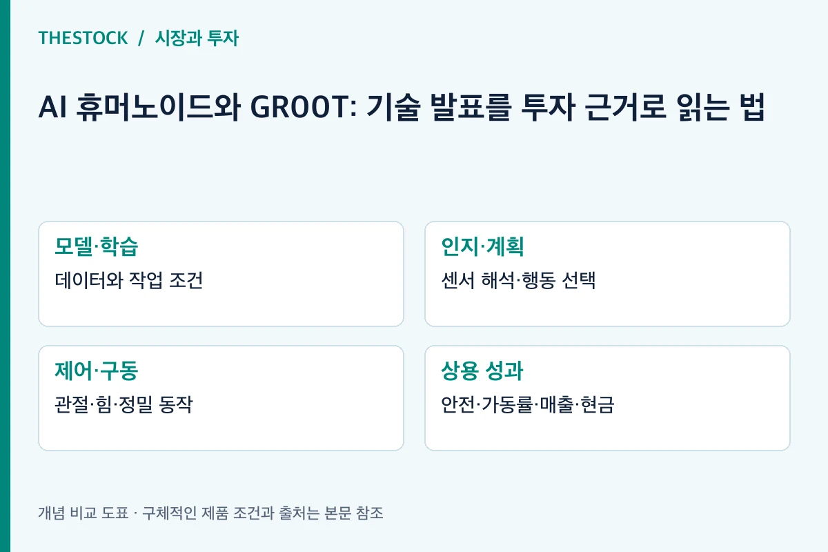 모델·학습: 데이터와 작업 조건; 인지·계획: 센서 해석·행동 선택; 제어·구동: 관절·힘·정밀 동작; 상용 성과: 안전·가동률·매출·현금