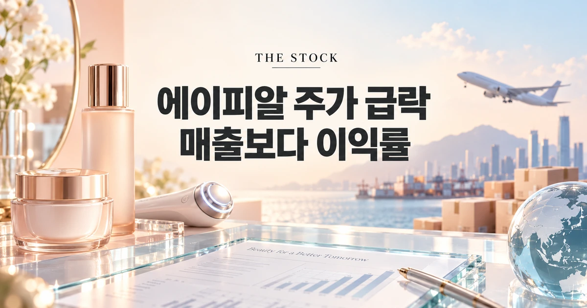 에이피알 주가 급락과 이익률 분석을 표현한 화장품·뷰티 기기·물류 이미지