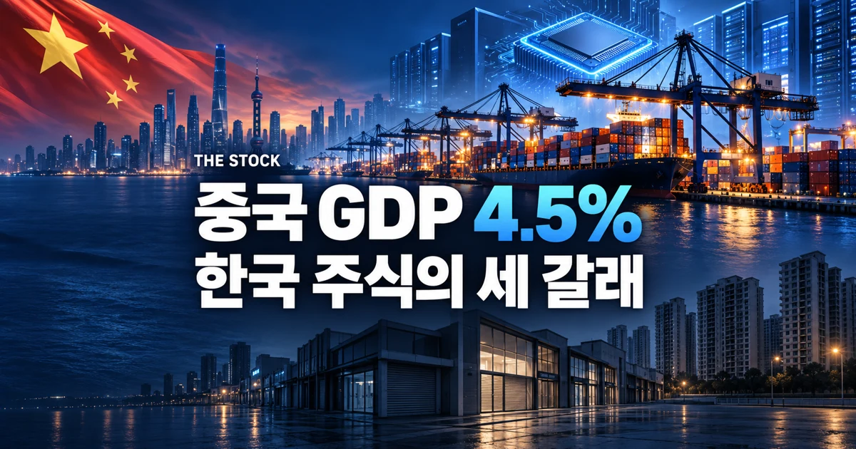 중국 GDP 4.5% 성장과 한국 주식의 기술·소비·부동산 연결을 표현한 항만과 반도체 이미지
