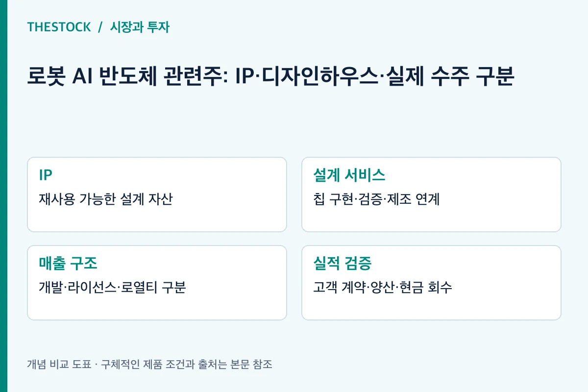 IP: 재사용 가능한 설계 자산; 설계 서비스: 칩 구현·검증·제조 연계; 매출 구조: 개발·라이선스·로열티 구분; 실적 검증: 고객 계약·양산·현금 회수