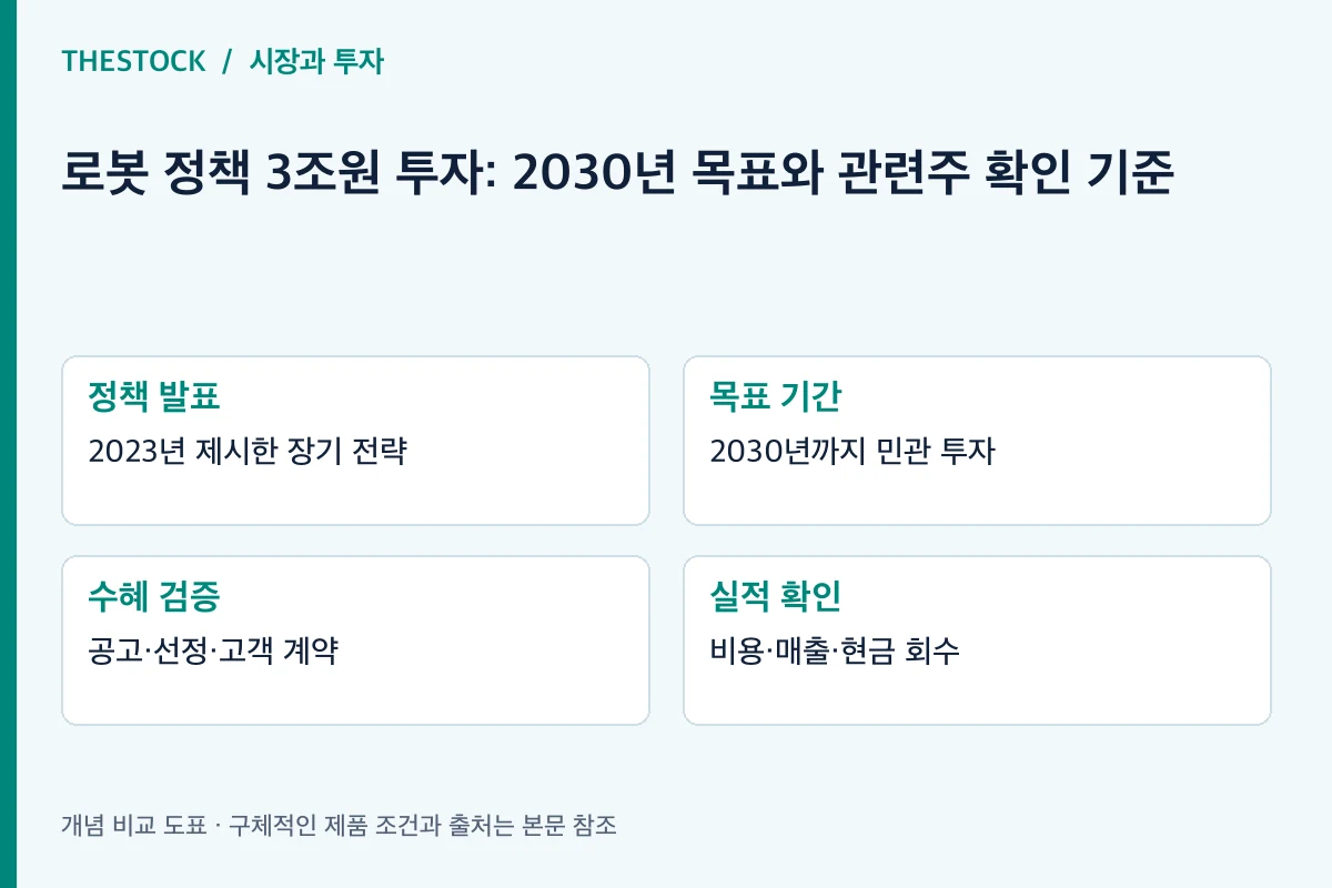 정책 발표: 2023년 제시한 장기 전략; 목표 기간: 2030년까지 민관 투자; 수혜 검증: 공고·선정·고객 계약; 실적 확인: 비용·매출·현금 회수