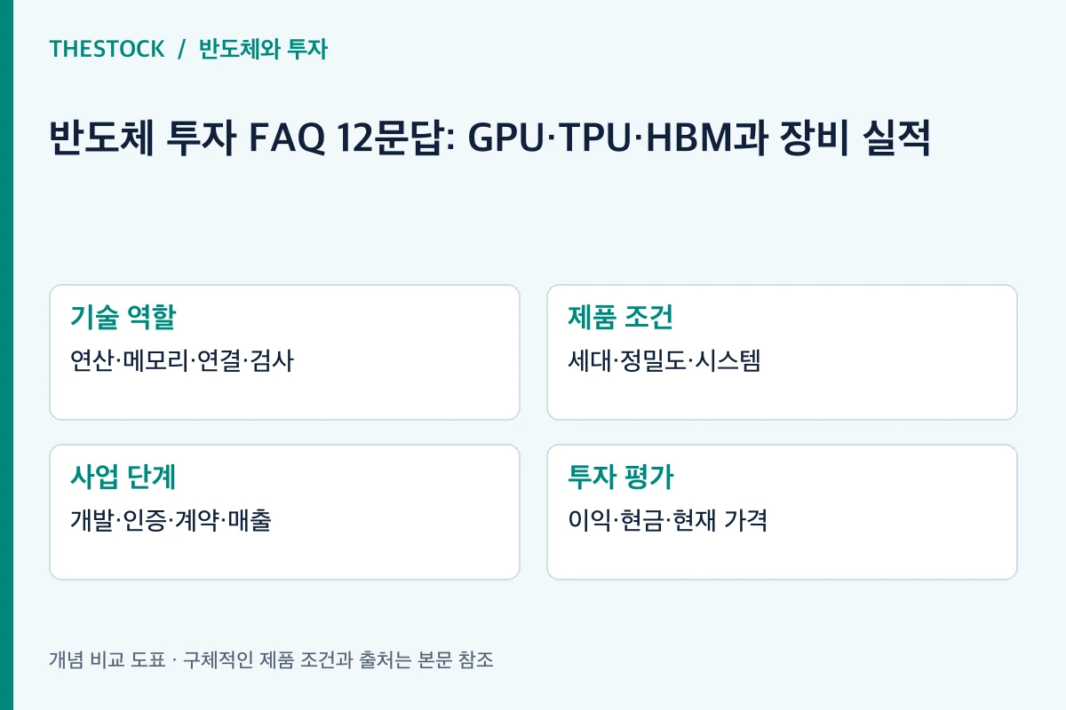 기술 역할: 연산·메모리·연결·검사; 제품 조건: 세대·정밀도·시스템; 사업 단계: 개발·인증·계약·매출; 투자 평가: 이익·현금·현재 가격