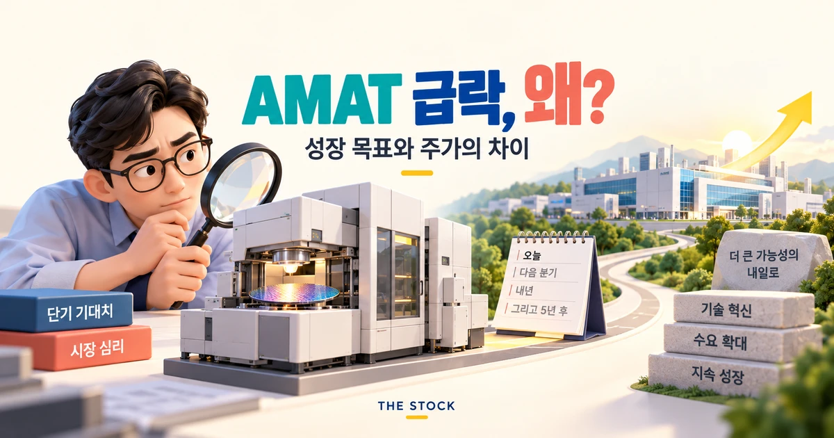 AMAT 급락과 장기 성장 목표의 차이를 분석하는 투자자 일러스트
